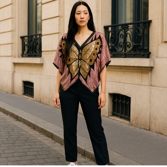 Swee Lo Top Woman’s L Pink‎ Butterfly Coachella Silk Festival Boho Retro Vintage - Picture 7 of 16